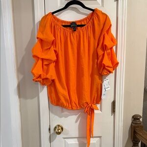 Coco Bianco Vibrant Orange Ruffle Sleeve Blouse